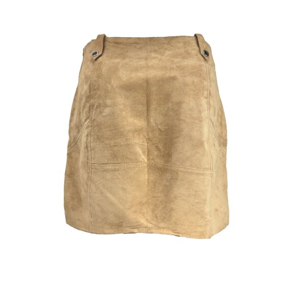 MANGO Genuine Suede Leather Tan Camel Stud Front Belt Loops Lined Mini Skirt S - Picture 4 of 9